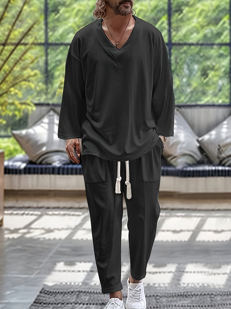 Herre Loungewear Sett V-Hals Langermet Top Avslappede Bukser i Bomullsblanding 3