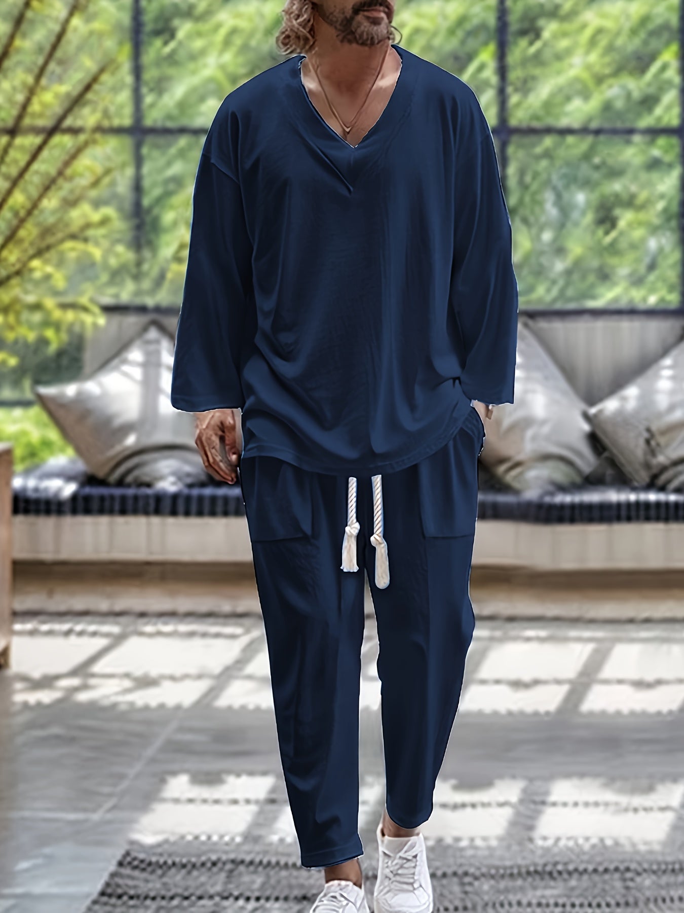 Herre Loungewear Sett V-Hals Langermet Top Avslappede Bukser i Bomullsblanding 4