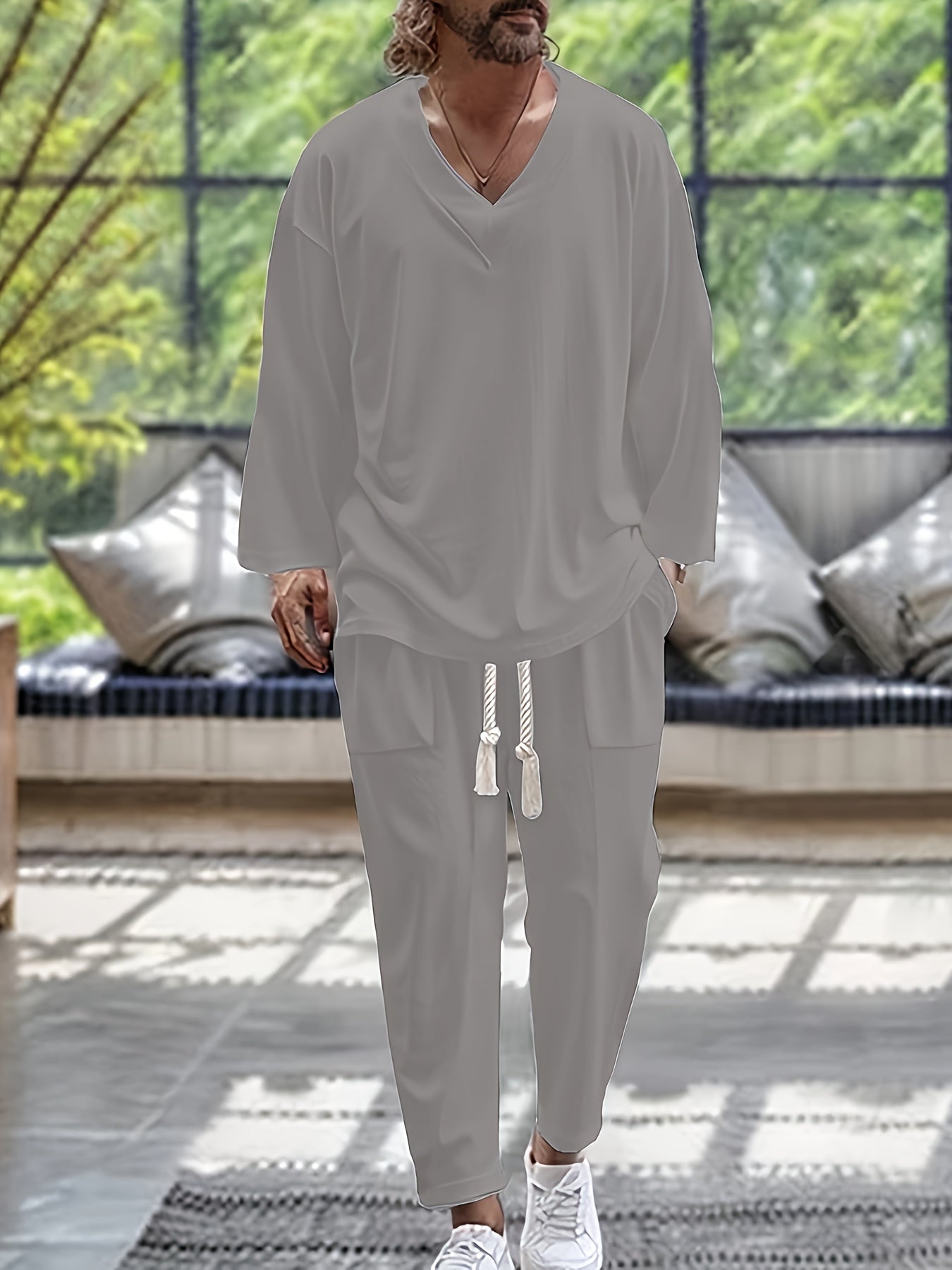 Herre Loungewear Sett V-Hals Langermet Top Avslappede Bukser i Bomullsblanding 5