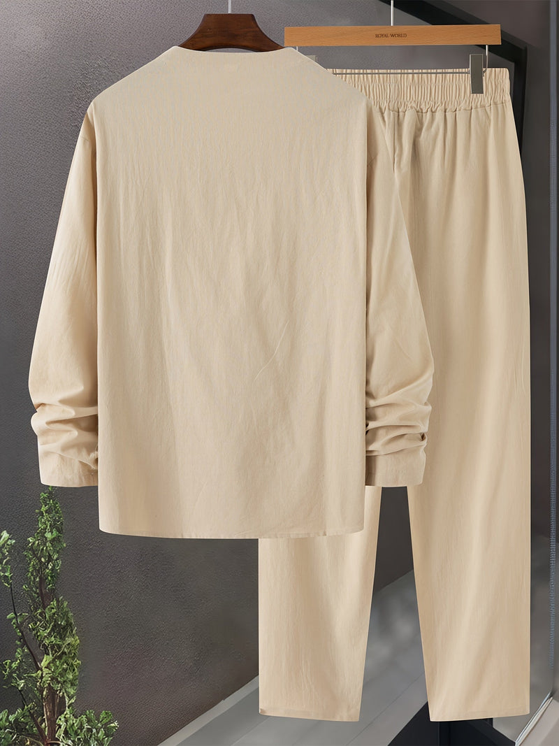 Herre Loungewear Sett V-Hals Langermet Top Avslappede Bukser i Bomullsblanding 6