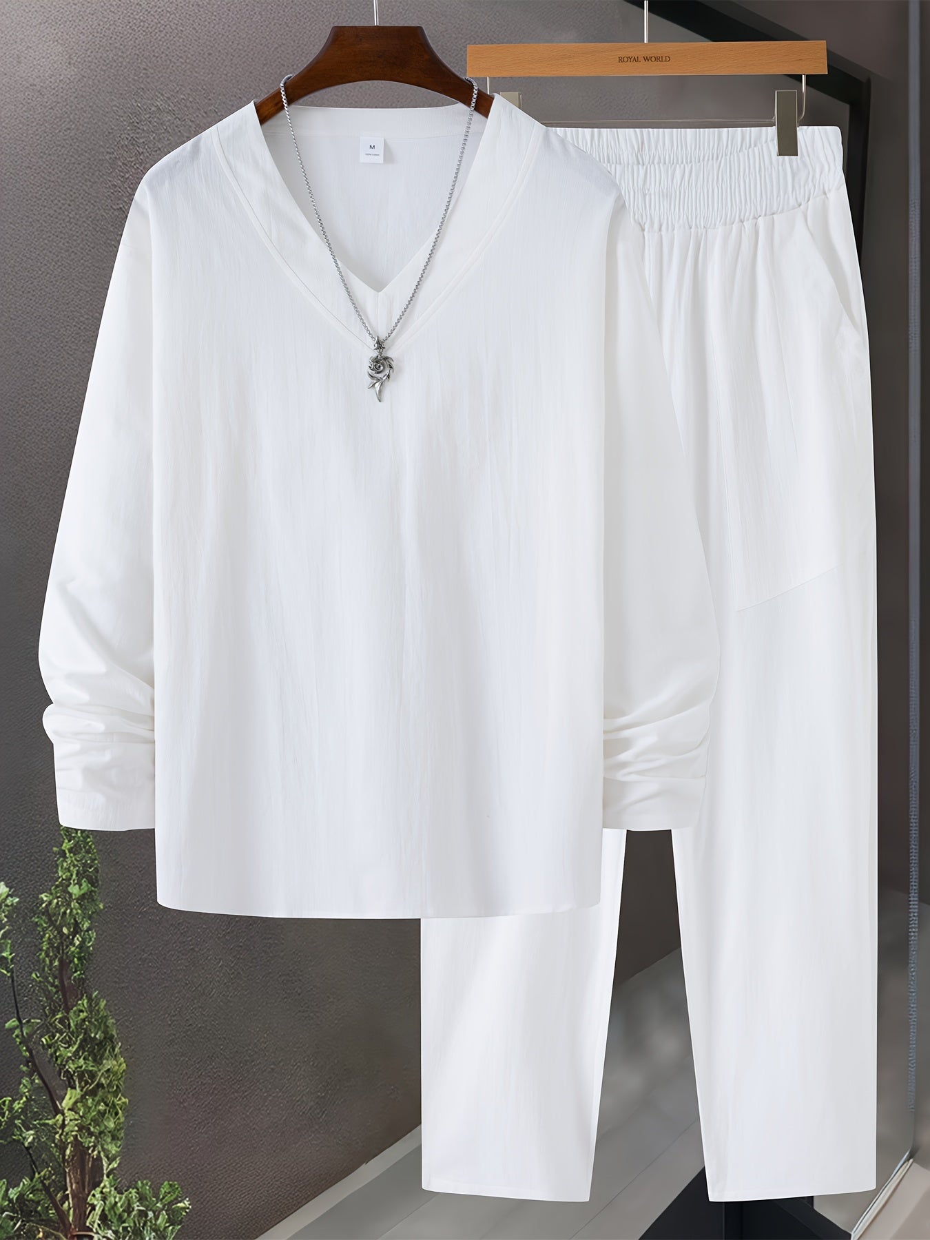 Herre Loungewear Sett V-Hals Langermet Top Avslappede Bukser i Bomullsblanding 7