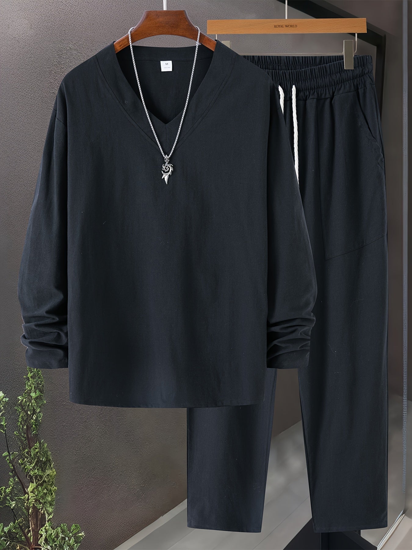 Herre Loungewear Sett V-Hals Langermet Top Avslappede Bukser i Bomullsblanding 8