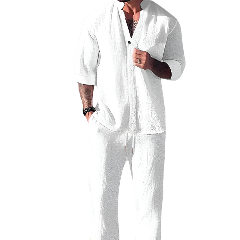 Herre Loungewear Sett V-Hals Langermet Topp og Drawstring Bukser i Bomull-Lin 0