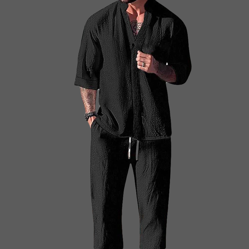 Herre Loungewear Sett V-Hals Langermet Topp og Drawstring Bukser i Bomull-Lin 1