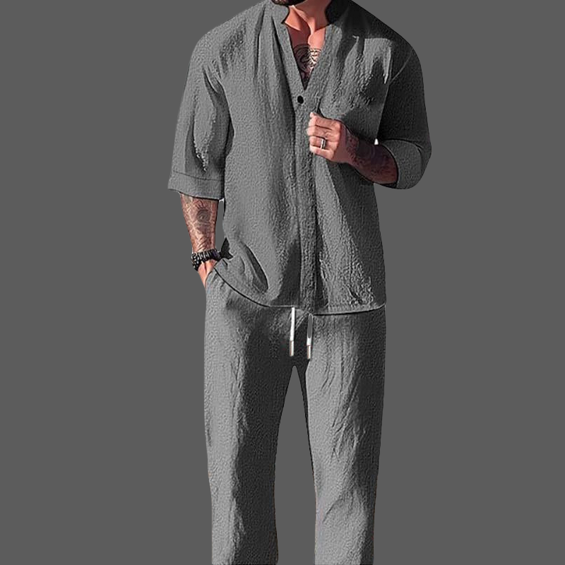 Herre Loungewear Sett V-Hals Langermet Topp og Drawstring Bukser i Bomull-Lin 2