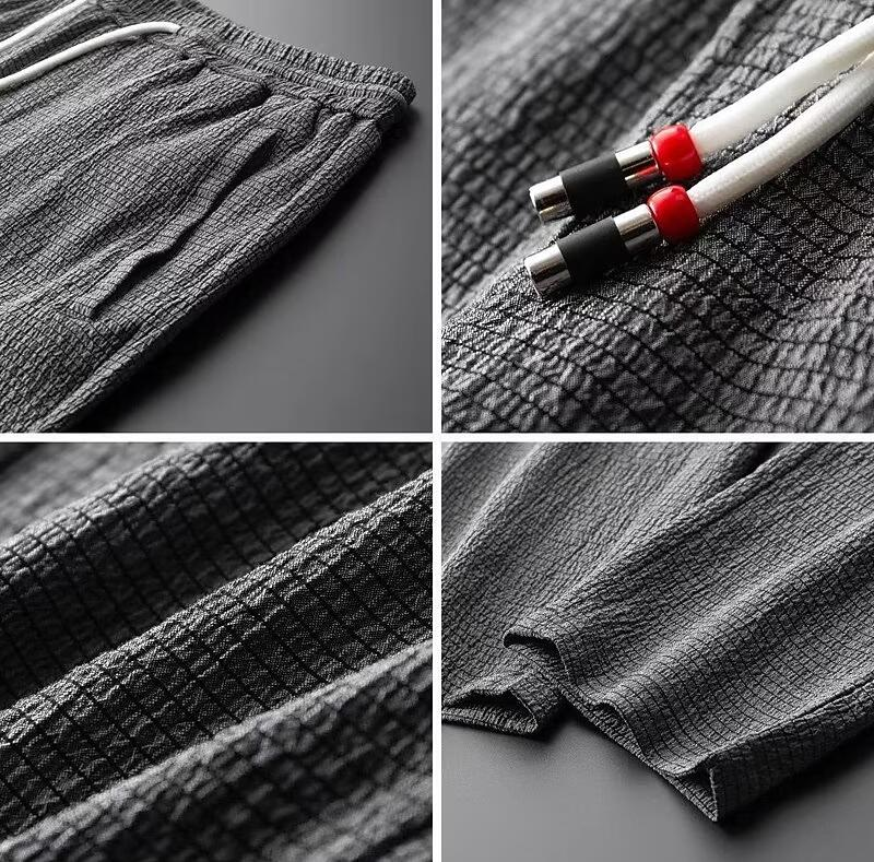 Herre Loungewear Sett V-Hals Langermet Topp og Drawstring Bukser i Bomull-Lin 3