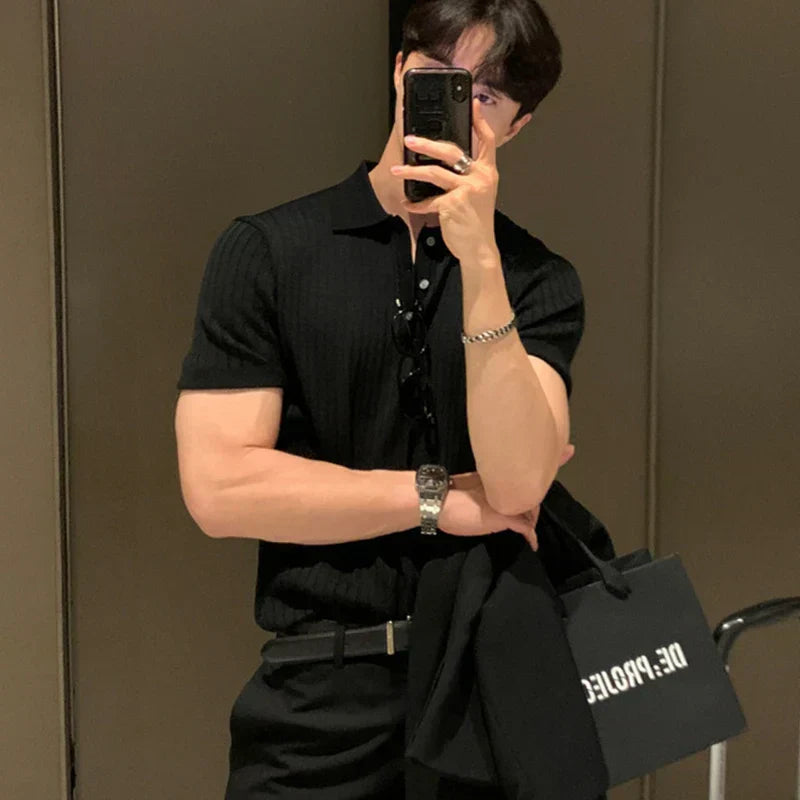 Herre Polo Skjorte Slim Fit Ribbet Strikket Korte Ermer Komfortabel Fiberblanding 1
