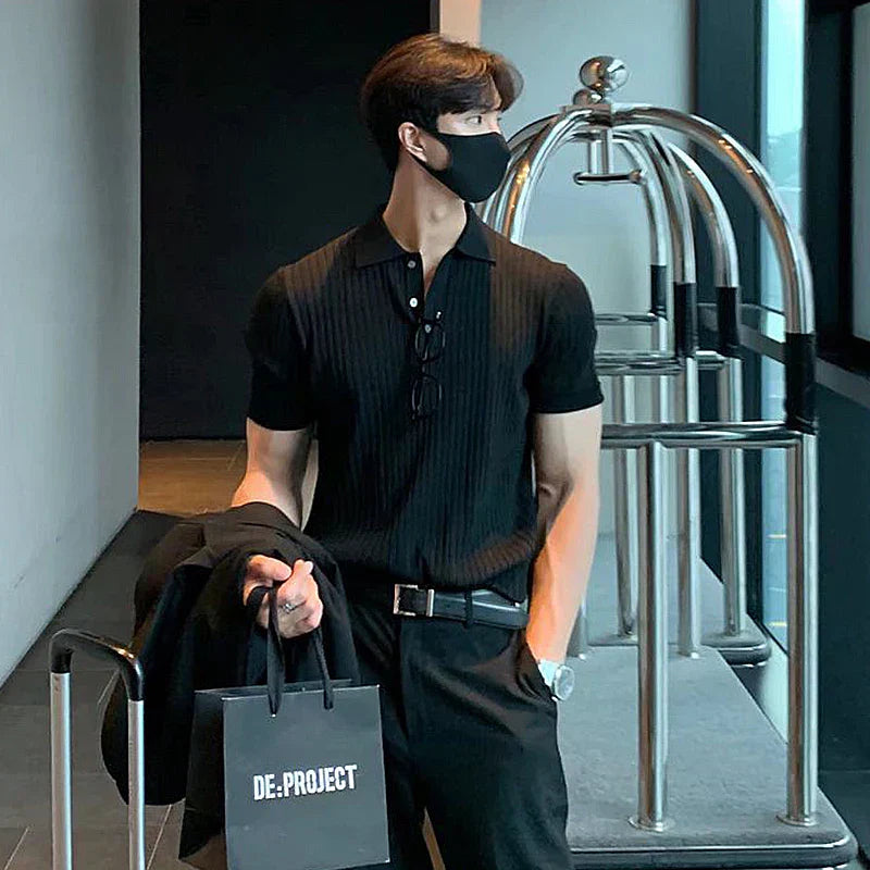 Herre Polo Skjorte Slim Fit Ribbet Strikket Korte Ermer Komfortabel Fiberblanding 3