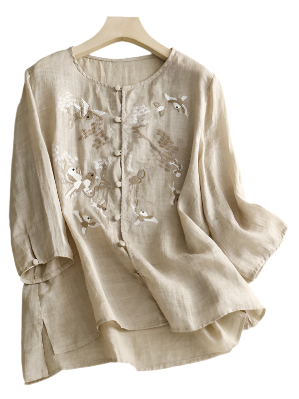 Herre Retro Lin Skjorte Rund Hals 0