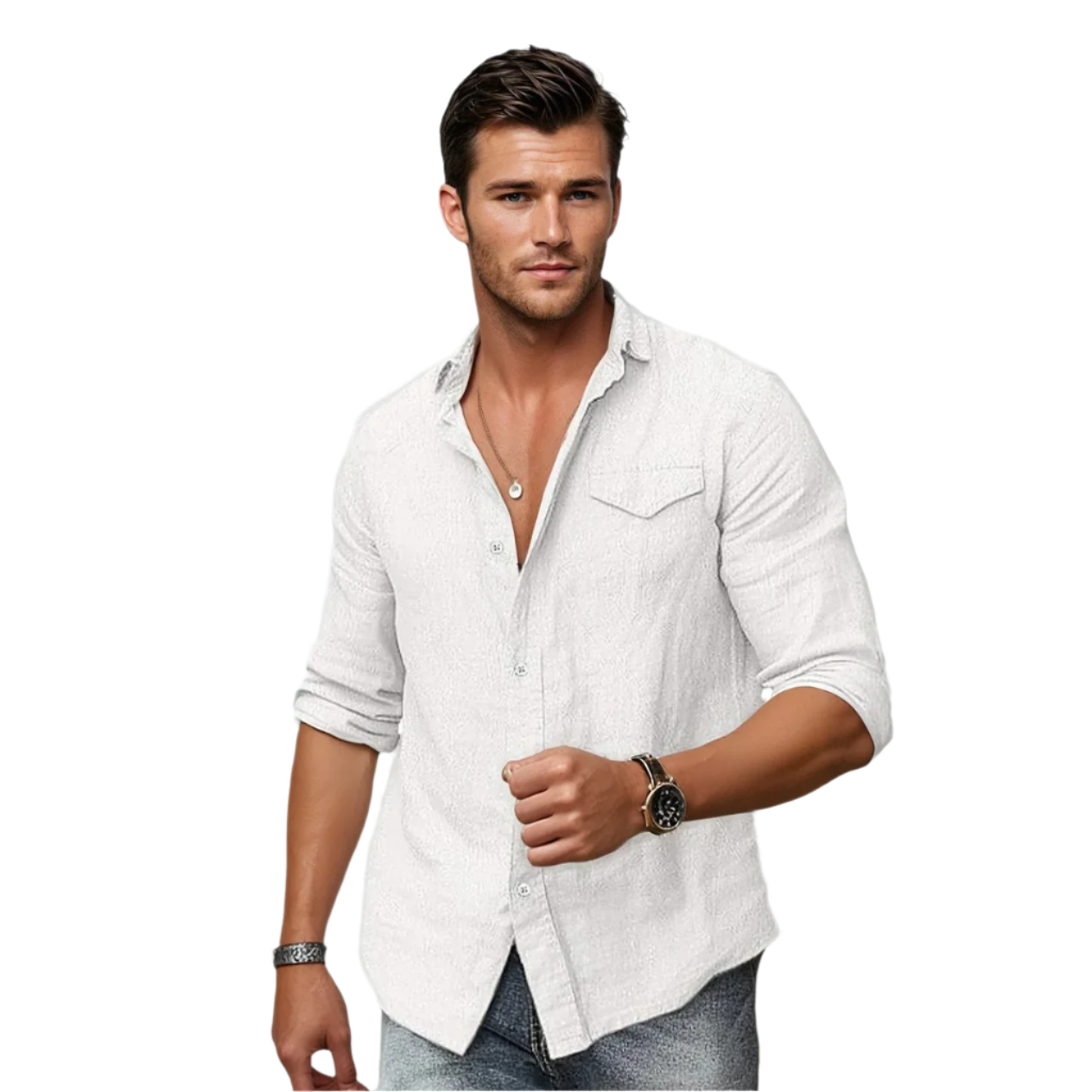 Herre Skjorte i Lin og Bomull med Lomme 0