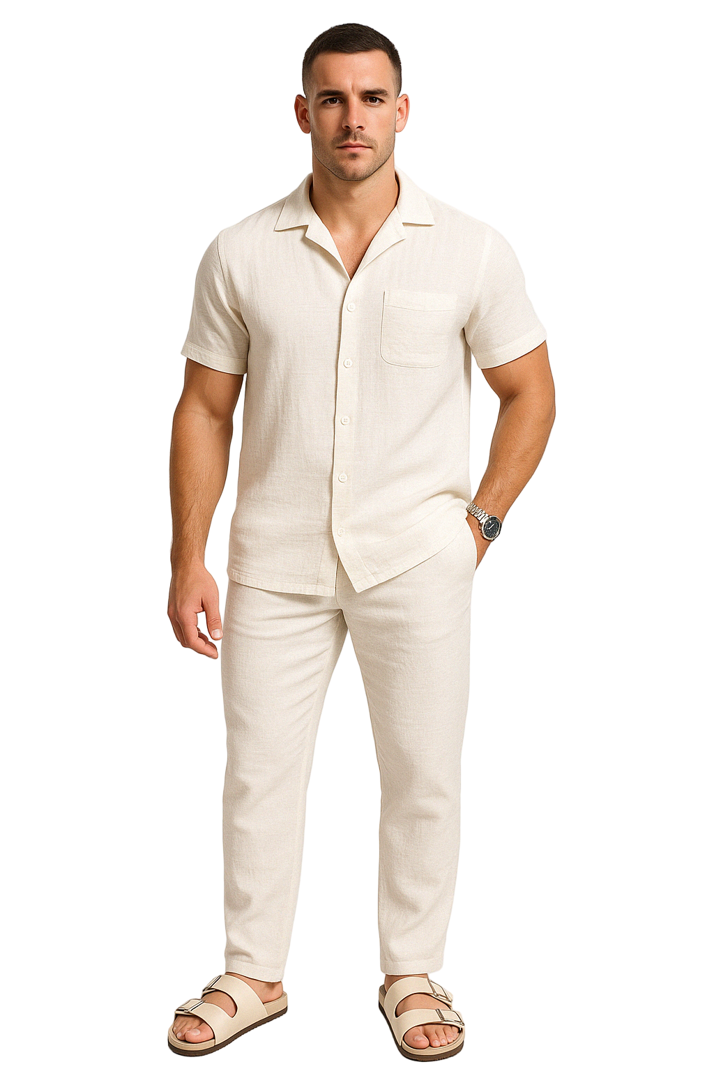 Herre Skjorte og Bukse Sett – Lett Bomull – Avslappet Passform – Korte Ermer 0