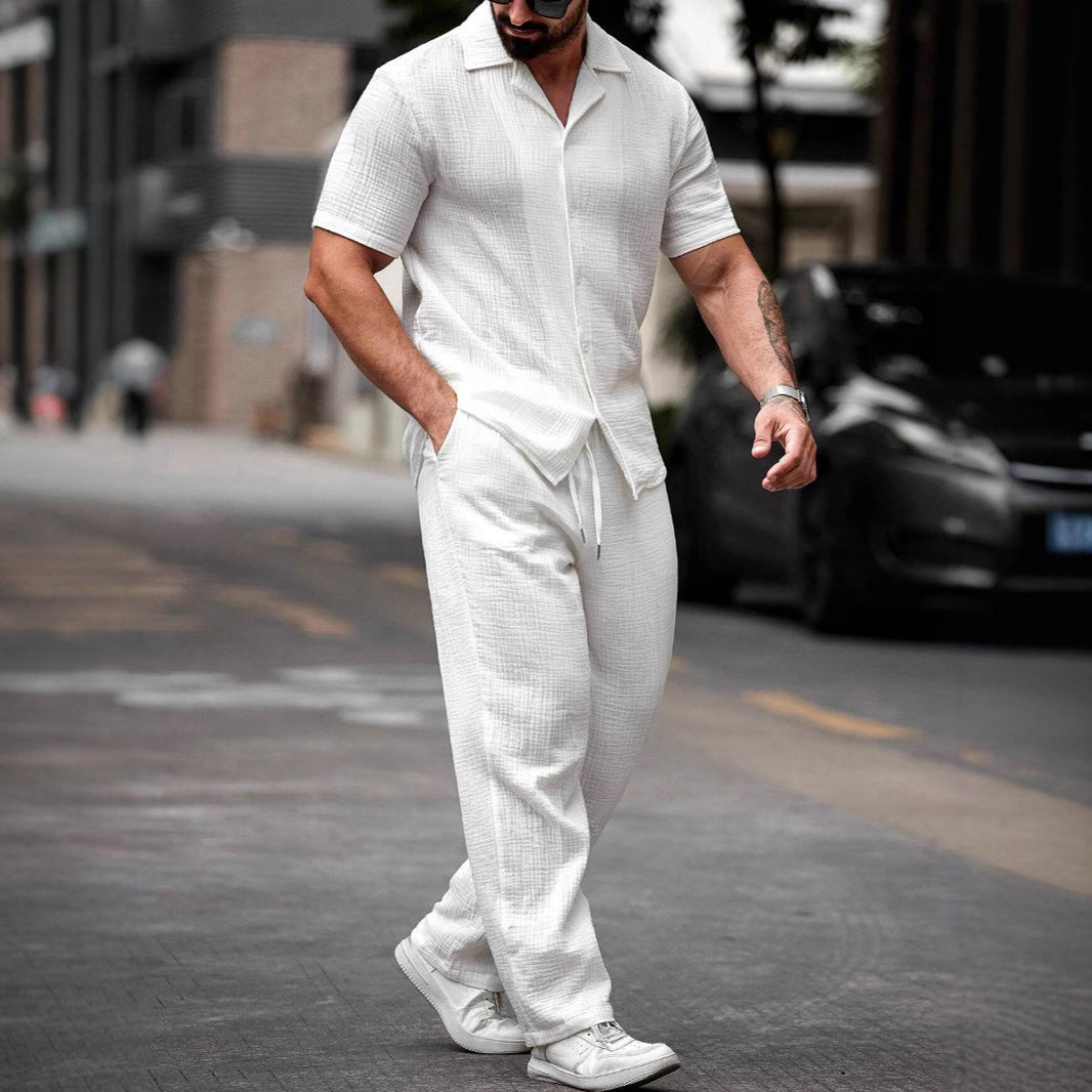 Herre Skjorte og Bukse Sett – Lett Bomull – Avslappet Passform – Korte Ermer 3