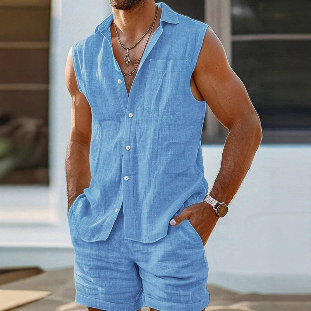 Herre Skjorte og Shorts Sett – Bomull Lin – Avslappet Passform 2