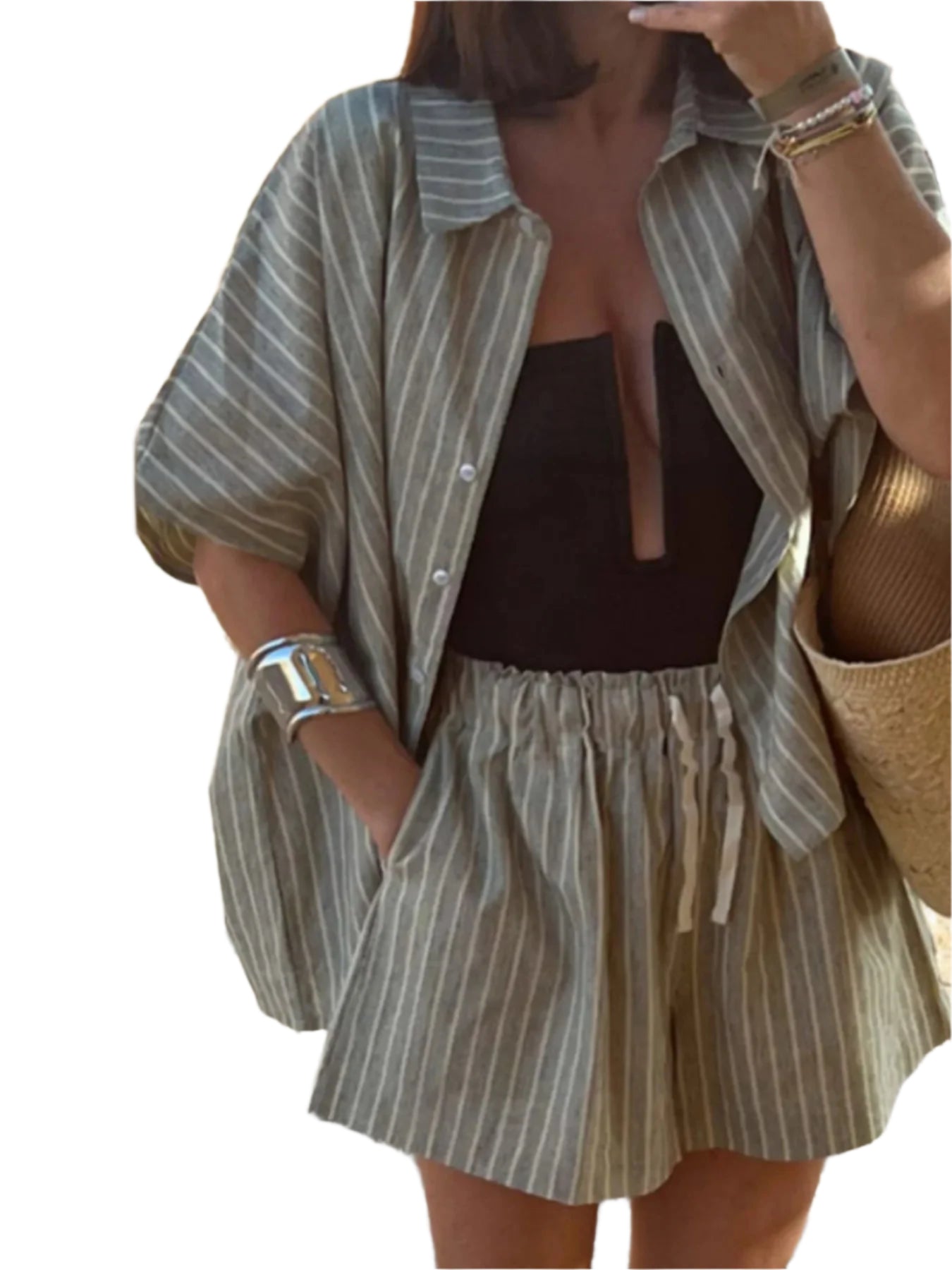 Herre Sommer Sett Stripete Lin Skjorte og Shorts 0