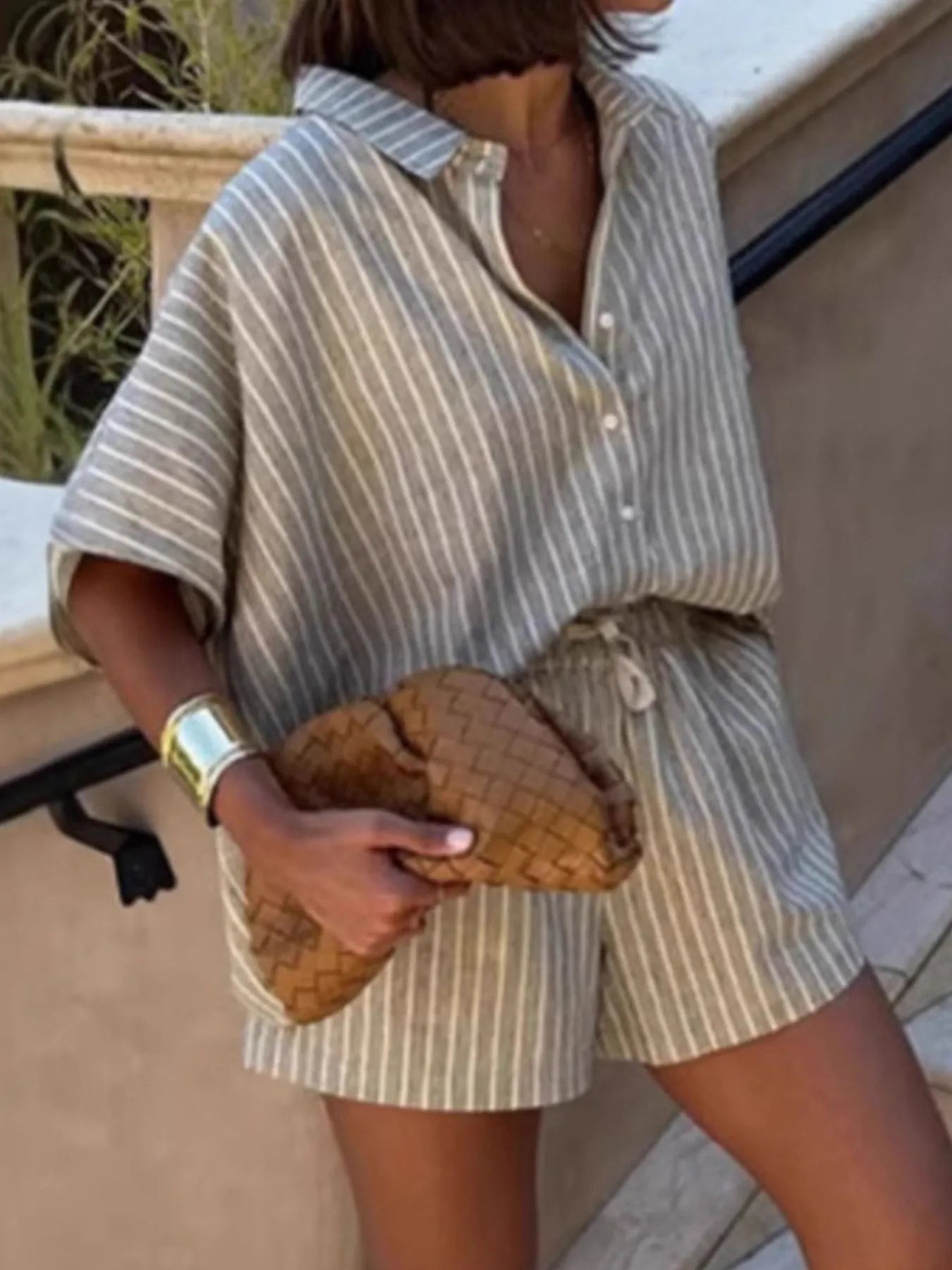 Herre Sommer Sett Stripete Lin Skjorte og Shorts 1