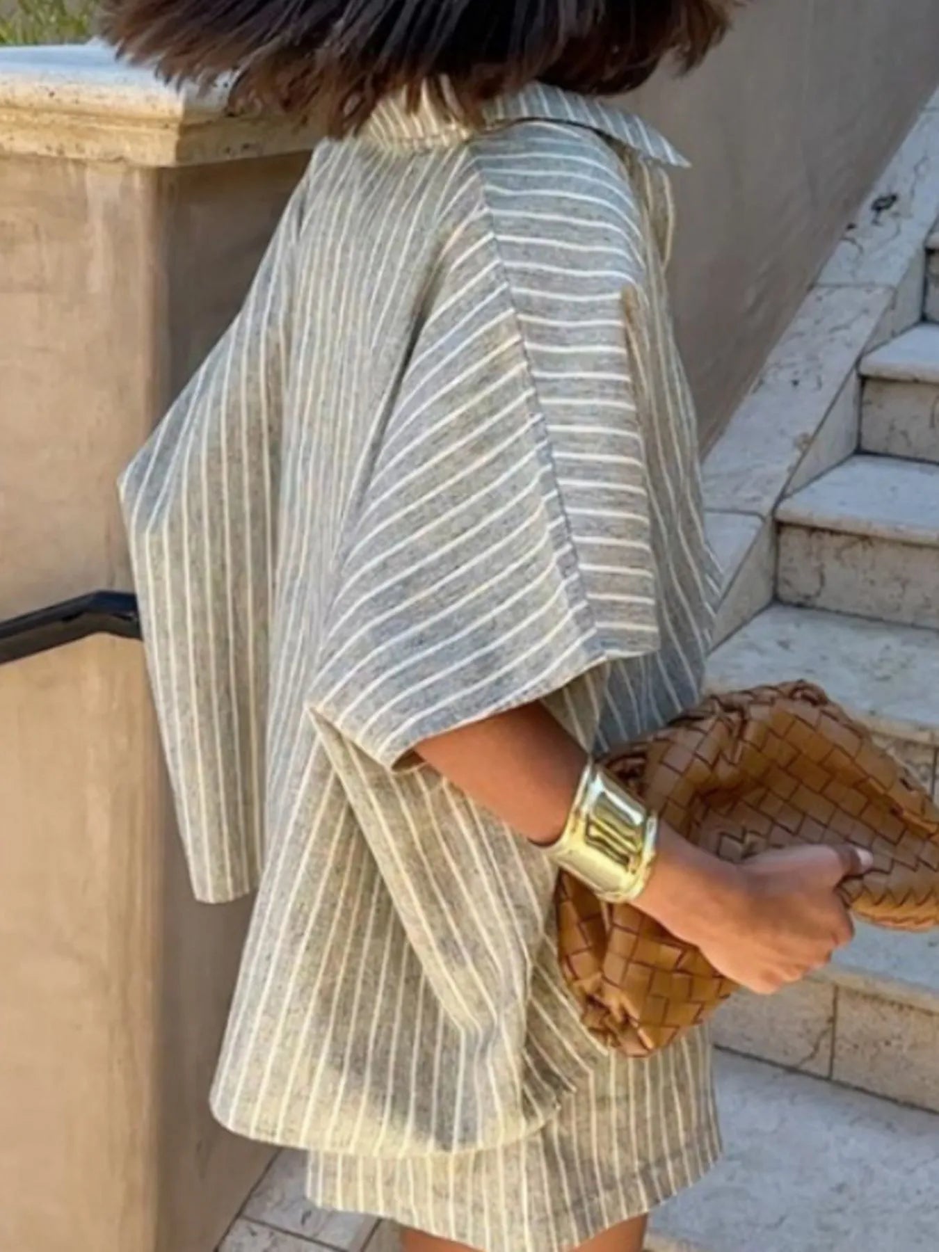 Herre Sommer Sett Stripete Lin Skjorte og Shorts 3