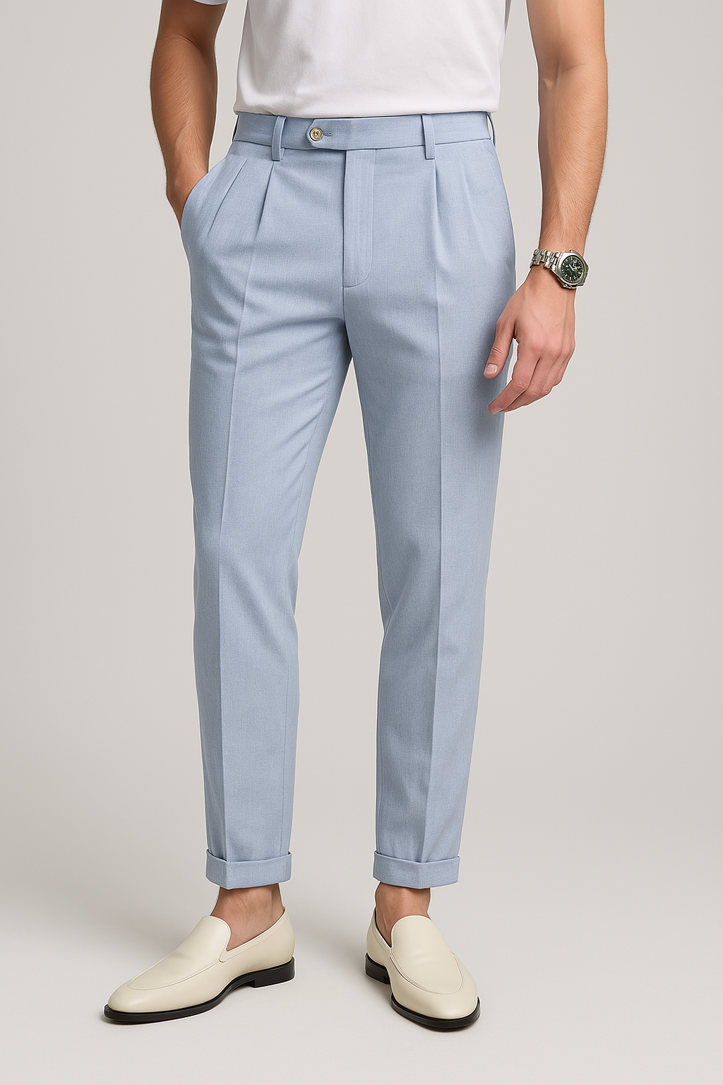 Herre Straight-Leg Bukser Høy Midje Plisserte Front 1