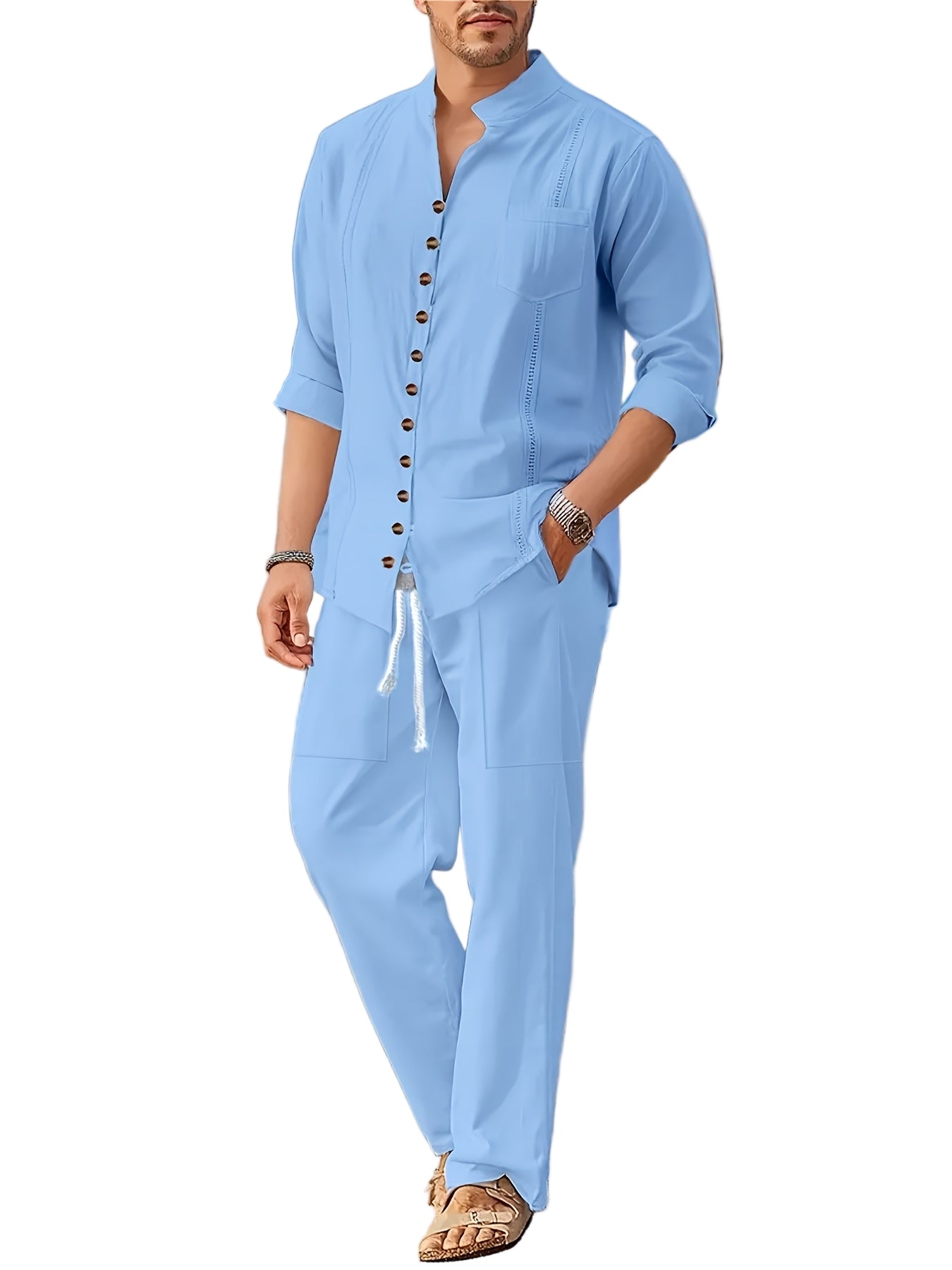 Herre Strandantrekk Sett Langermet Skjorte med Knapper og Drawstring Bukser 0