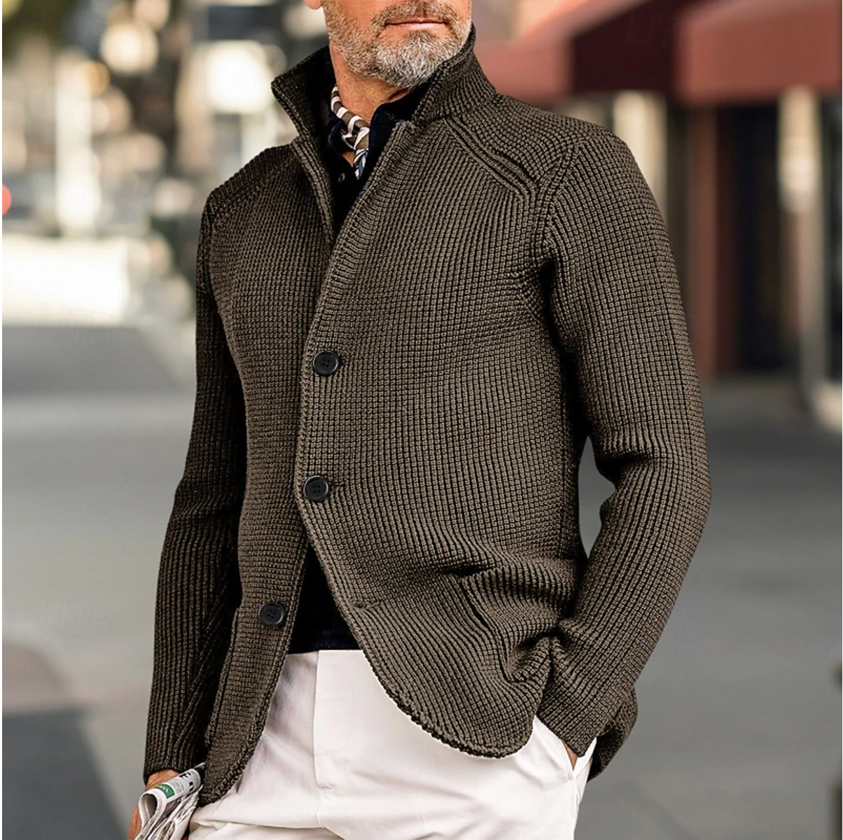 Herre Strikket Cardigan Med Ribbet Tekstur 4