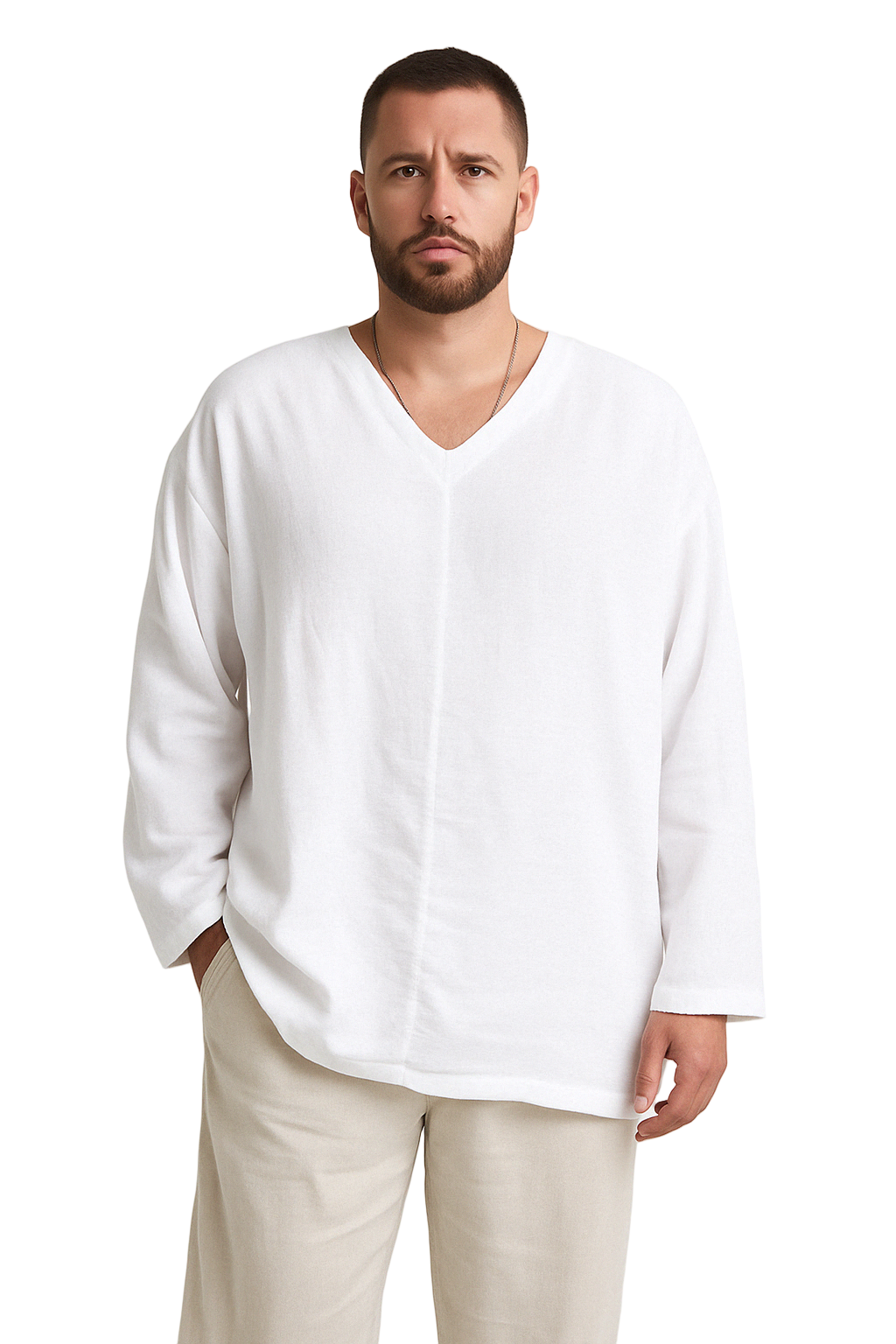 Herreskjorte i Lin – Avslappet Passform – V-Hals – Langermet 0