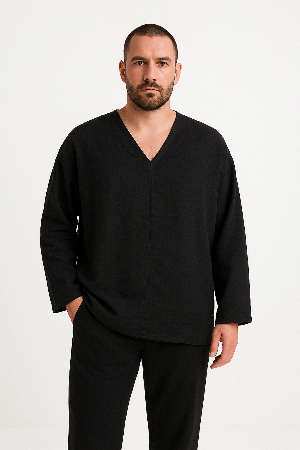 Herreskjorte i Lin – Avslappet Passform – V-Hals – Langermet 1