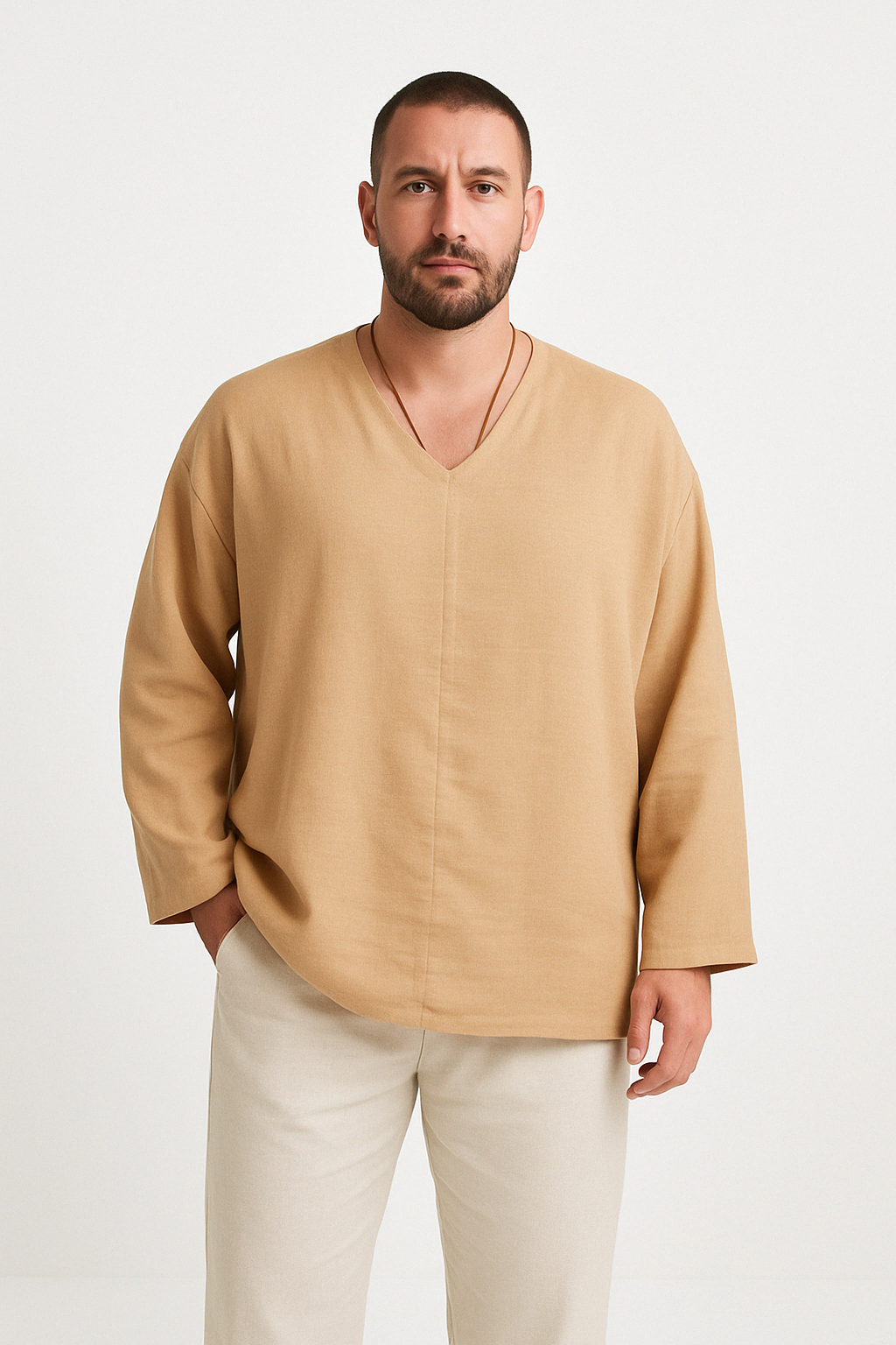 Herreskjorte i Lin – Avslappet Passform – V-Hals – Langermet 2