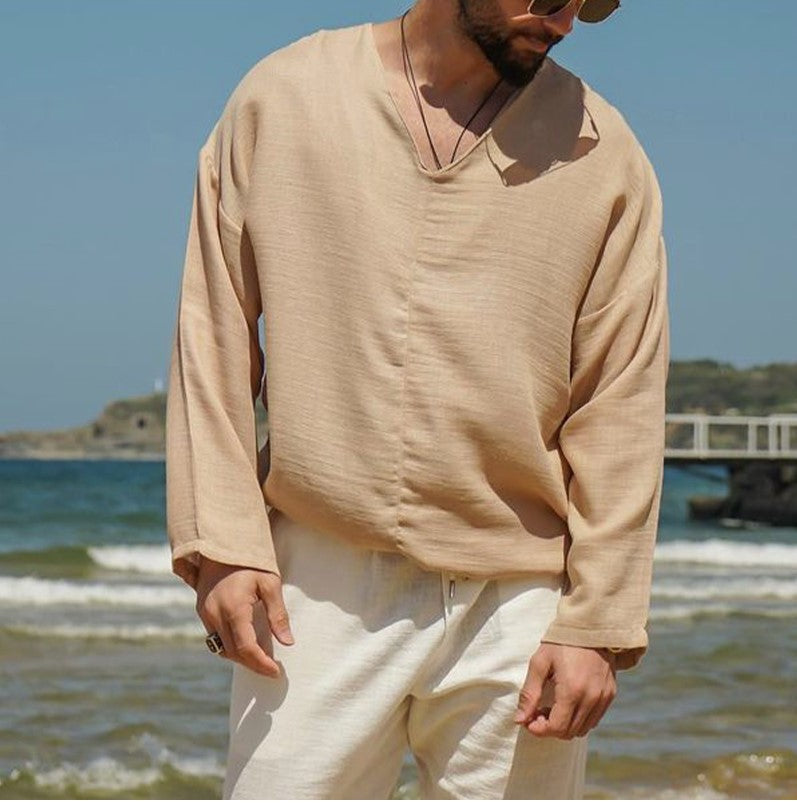 Herreskjorte i Lin – Avslappet Passform – V-Hals – Langermet 5