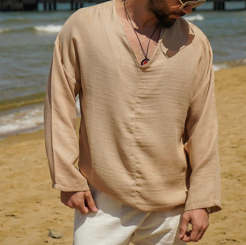 Herreskjorte i Lin – Avslappet Passform – V-Hals – Langermet 6