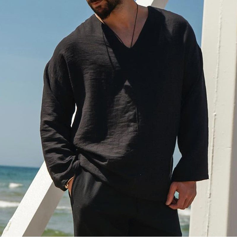 Herreskjorte i Lin – Avslappet Passform – V-Hals – Langermet 7