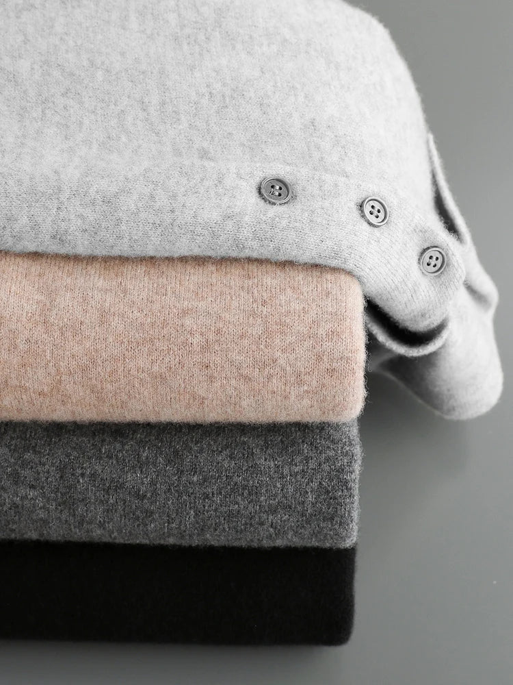 Herresweater Pullover Merinoull med Knapp 5