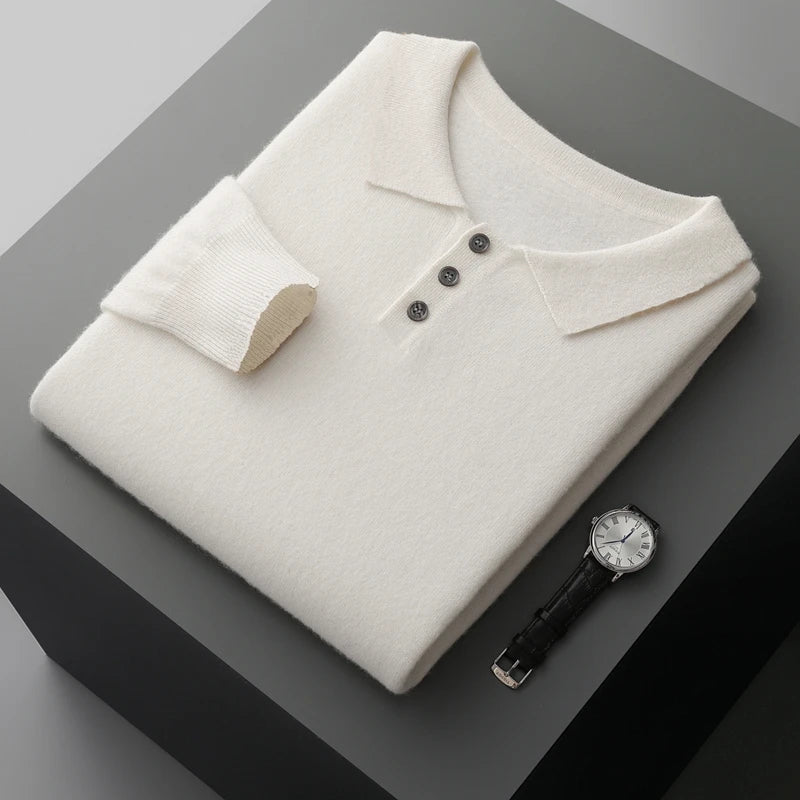 Herresweater Pullover Merinoull med Knapp 8