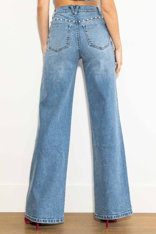 Høyt Liv Jeans Bred Ben 100% Bomull Medium Stone med Perleknapper 2