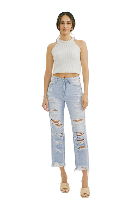 Høyt liv Distressed Jeans Lys Denim 0