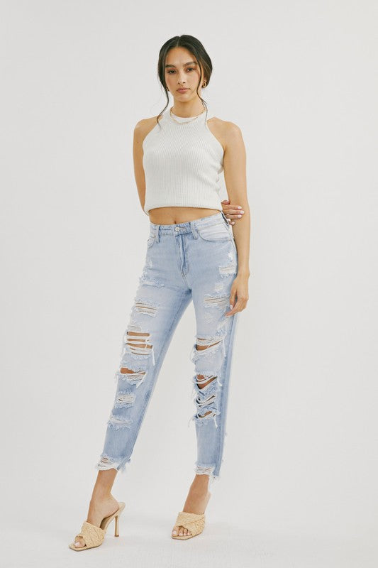 Høyt liv Distressed Jeans Lys Denim 1
