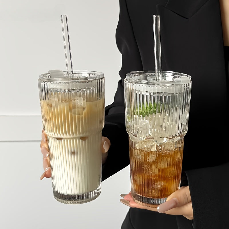 Isolert Glass Kaffekrus med Lokket og Halm 0