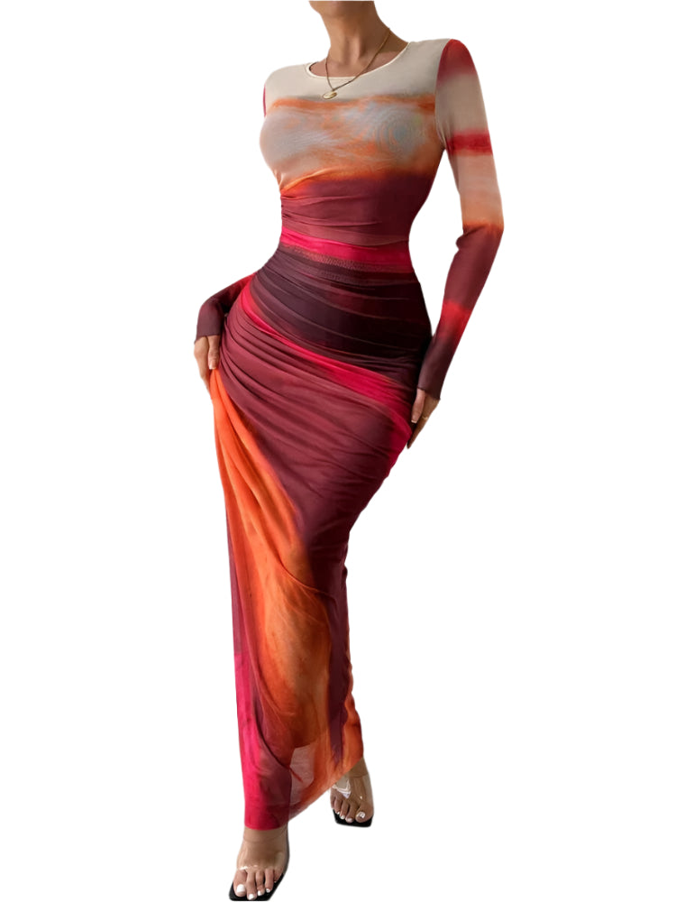 Kjole Maxi Slank Fit Polyester med Flytende Farger 0