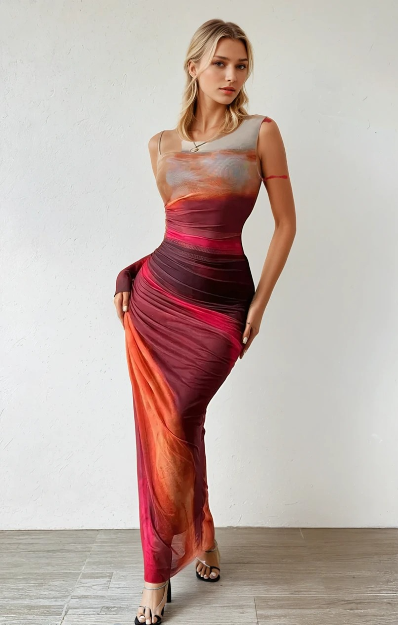 Kjole Maxi Slank Fit Polyester med Flytende Farger 1
