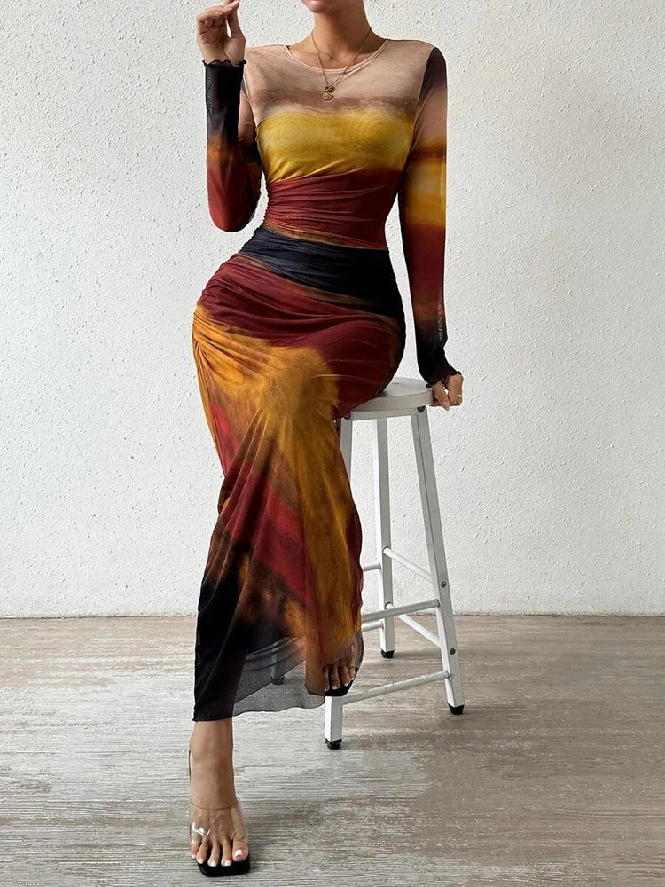 Kjole Maxi Slank Fit Polyester med Flytende Farger 3