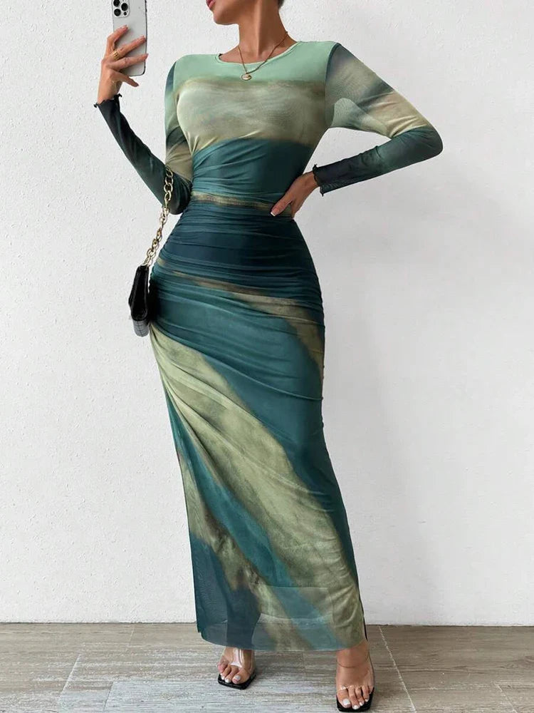 Kjole Maxi Slank Fit Polyester med Flytende Farger 5