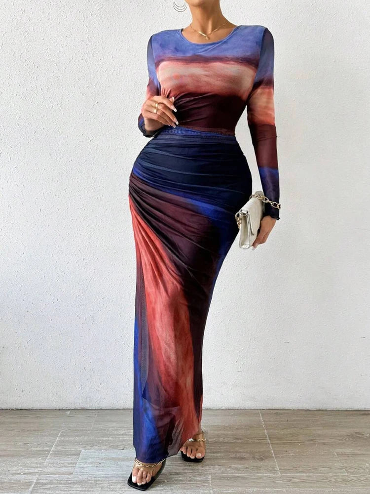 Kjole Maxi Slank Fit Polyester med Flytende Farger 6