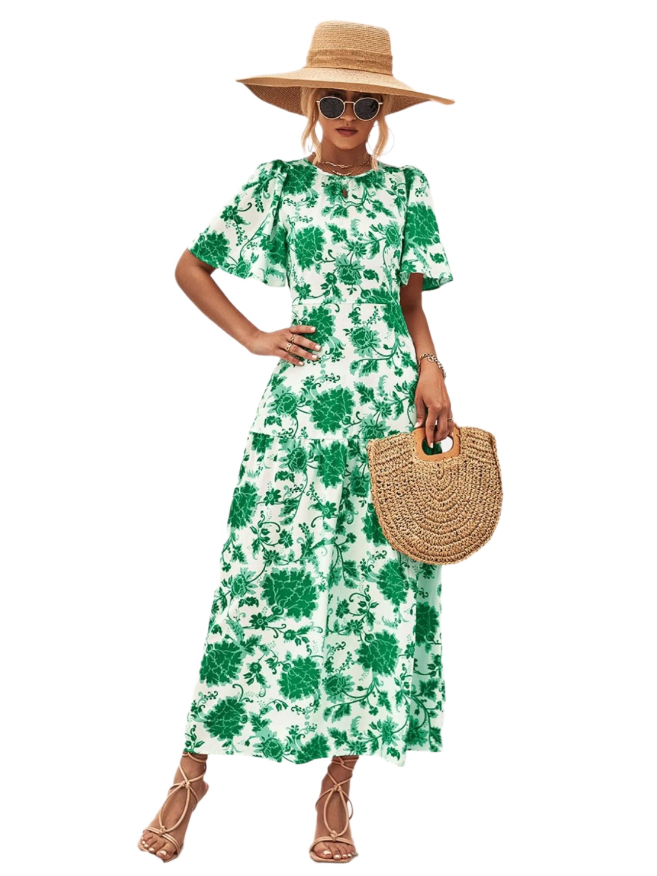 Kjole med Rund Hals og Åpen Rygg i Blomsterprint 0