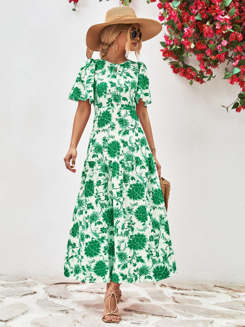Kjole med Rund Hals og Åpen Rygg i Blomsterprint 3