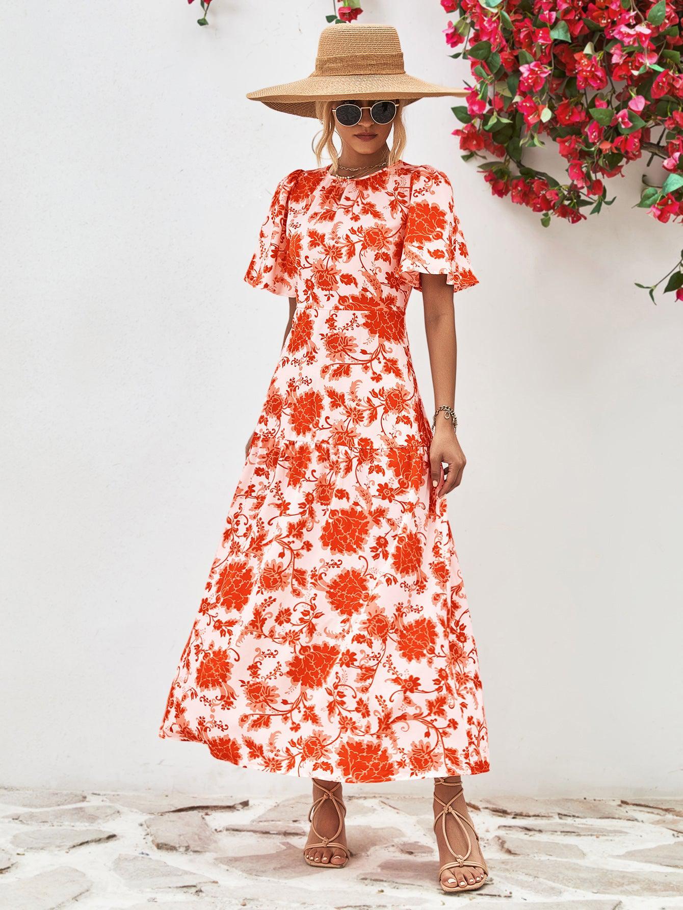 Kjole med Rund Hals og Åpen Rygg i Blomsterprint 8