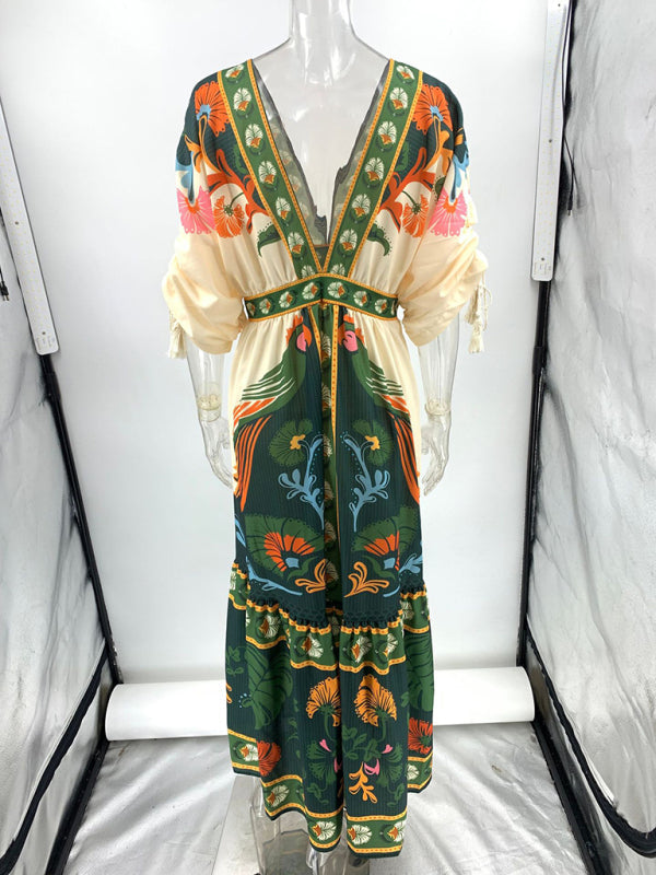 Kjoler Dame V-Hals Retro Etnisk Sommerkjole Linblanding 1
