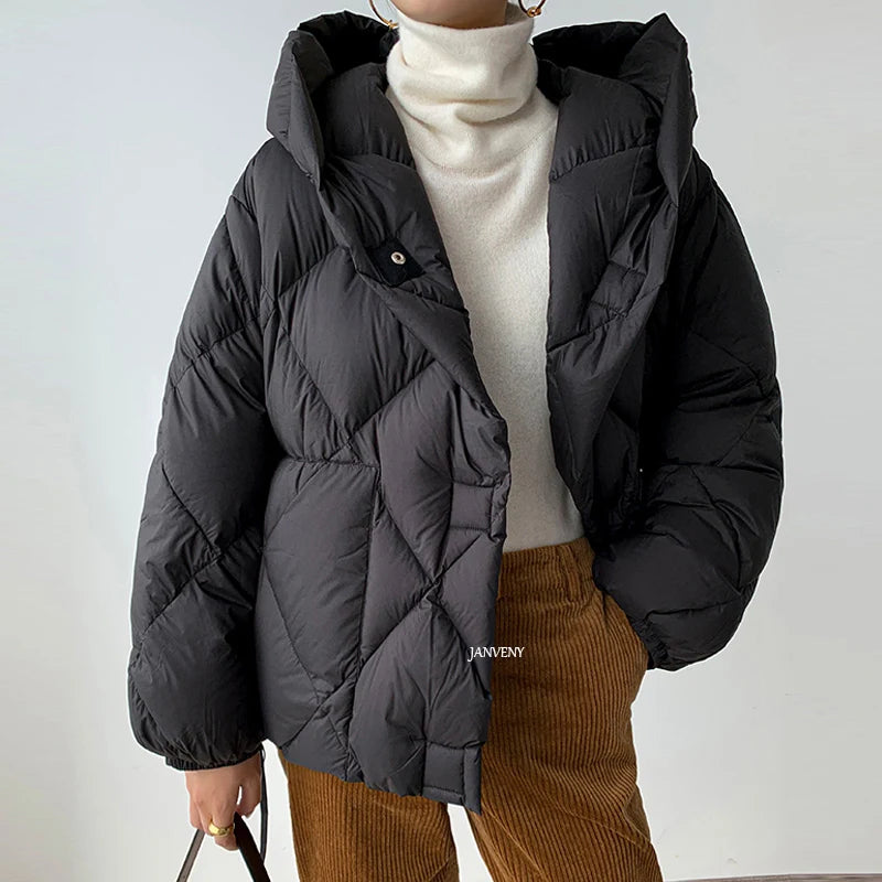 Kort Jakke Dame Med Hette Puffer Cocoon Style for Kaldt Vær 3