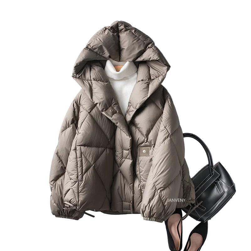 Kort Jakke Dame Med Hette Puffer Cocoon Style for Kaldt Vær 6