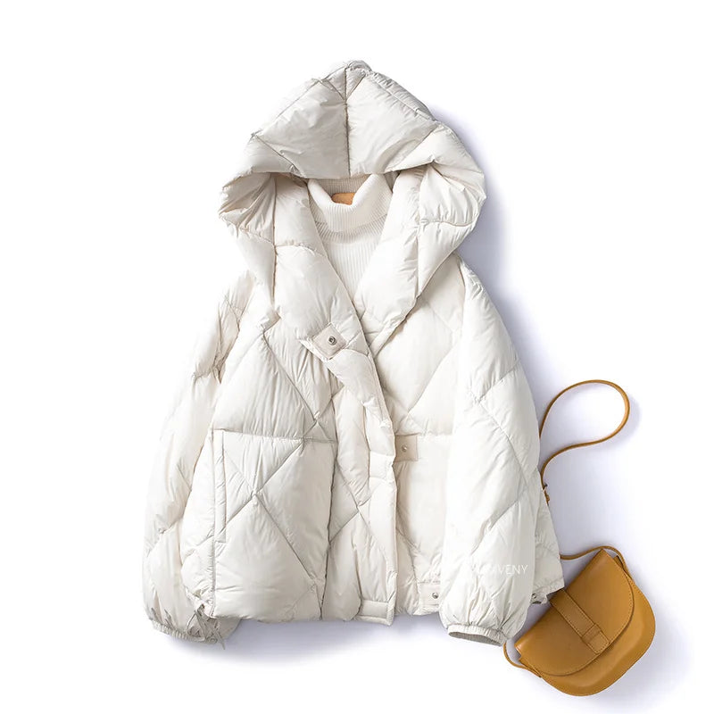 Kort Jakke Dame Med Hette Puffer Cocoon Style for Kaldt Vær 9