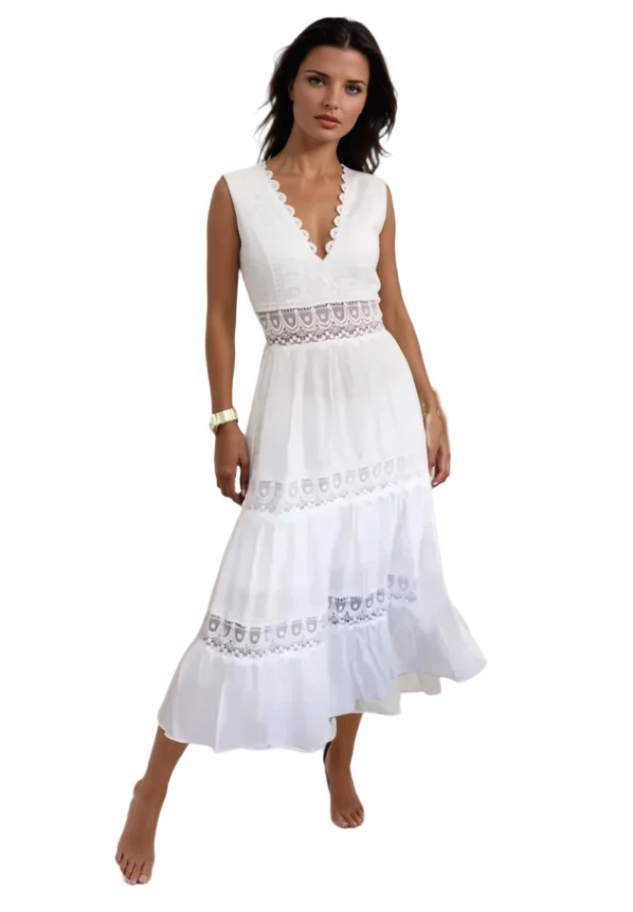 Kvinne A-linje Kjole med Blonde V-hals 0