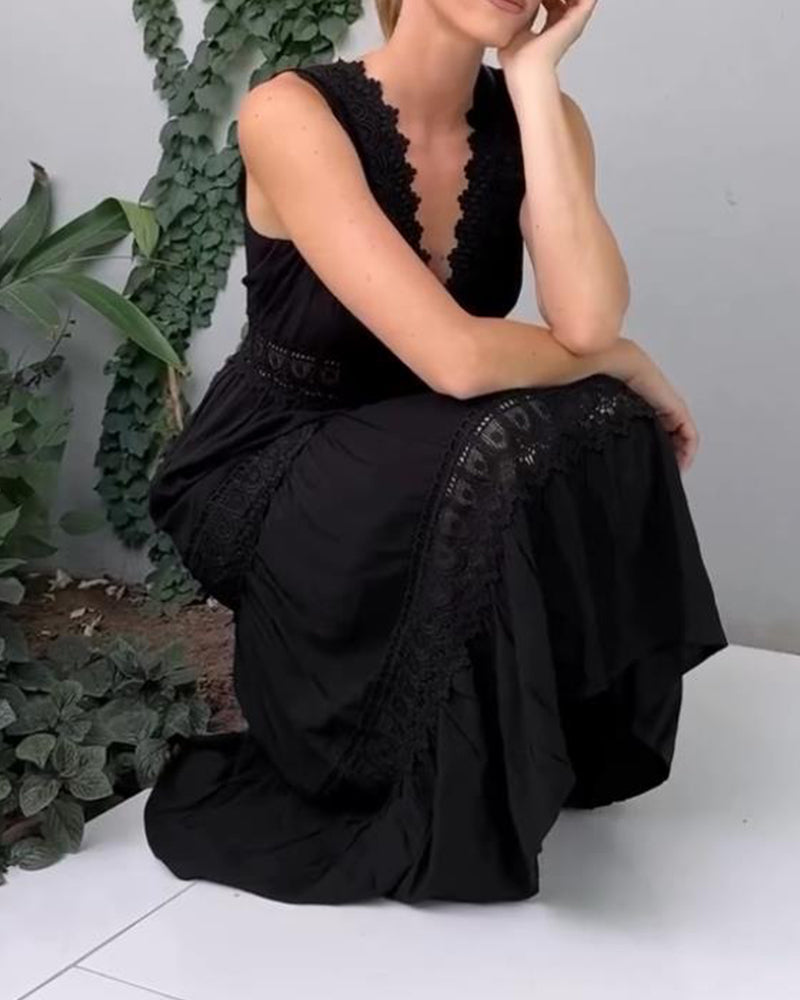 Kvinne A-linje Kjole med Blonde V-hals 6