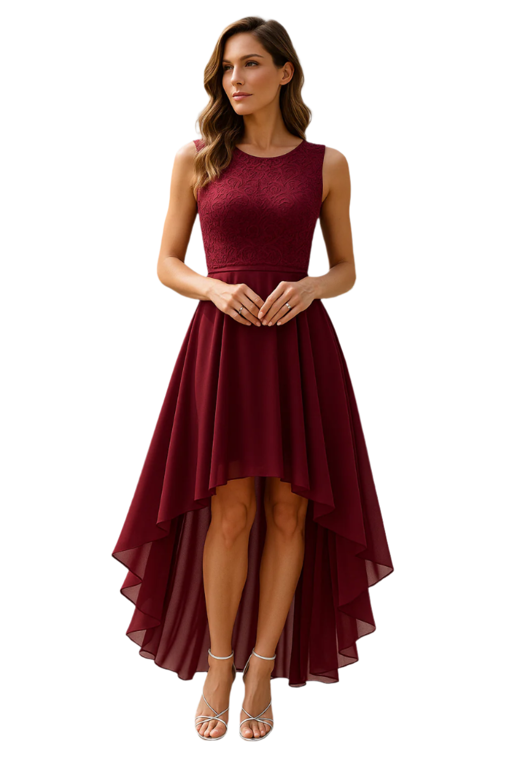 Kvinne Asymmetrisk Aftenkjole Myk Blandingsstoff med Blonder Detaljer 0